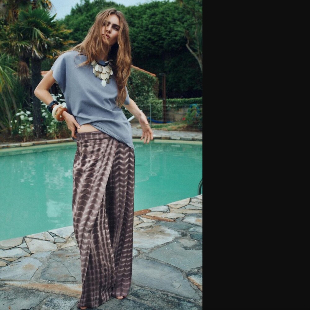 ZARA Women Tobacco Tie-Dye Wrap Wide Leg Linen Blend Pants Size M or L NWT 60$